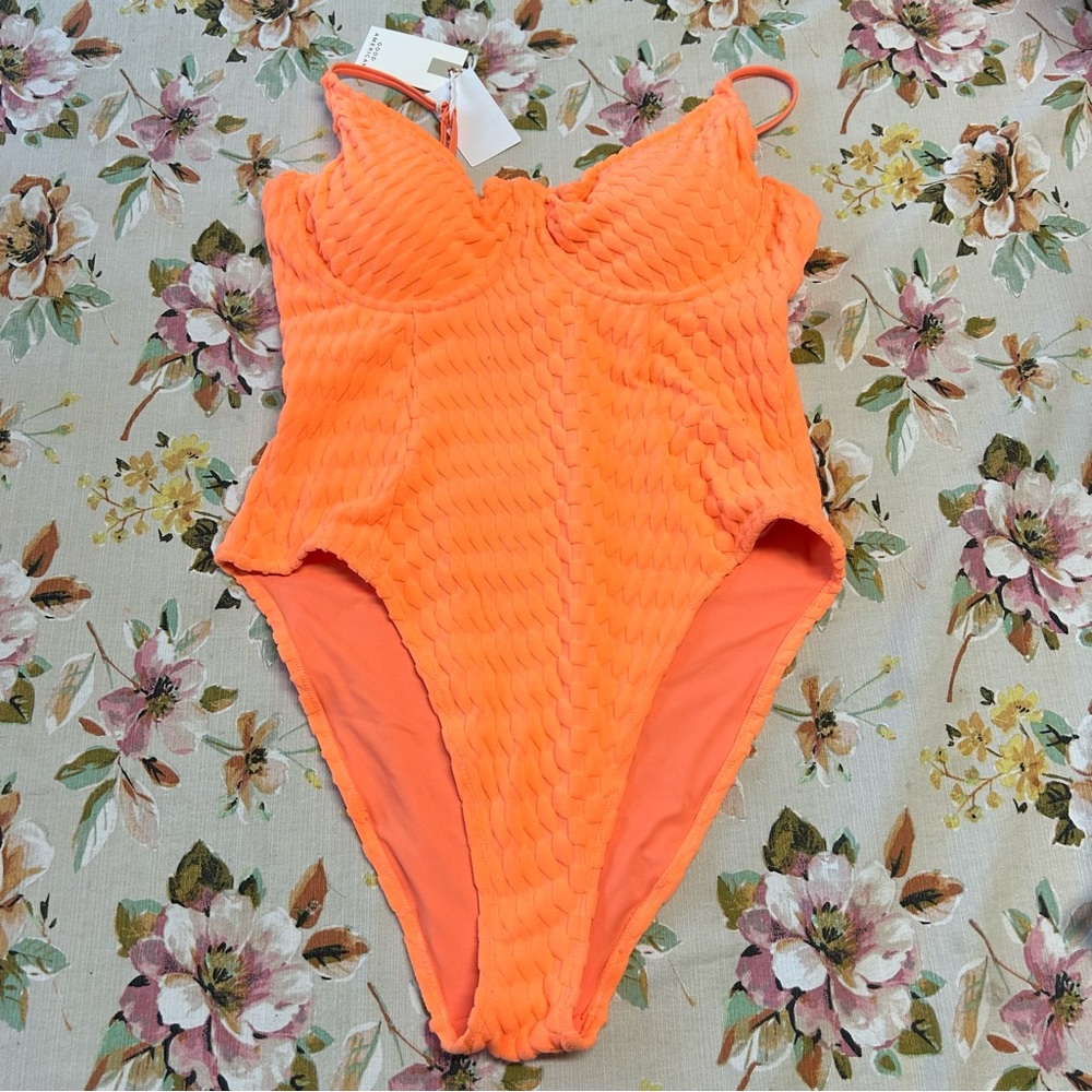 NWT! GOOD AMERICAN Neon Orange Terry Cloth One Piece Swimsuit Size 5 (2X) - Picture 1 of 6